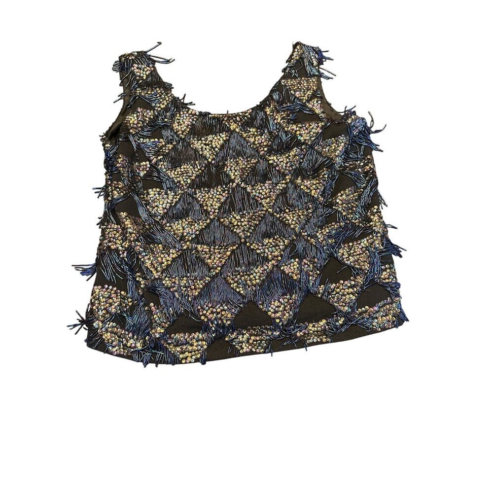 Vintage Sequin & Beaded Sleeveless Top By Eagle Size 20 Black‎ Wool Angora